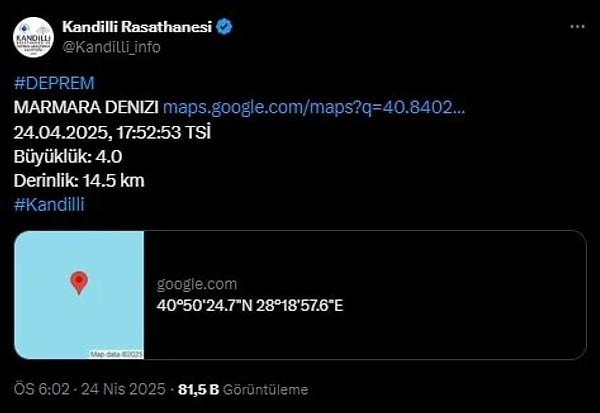 Kandilli Rasathanesi ise depremin şiddetini 4.0 olarak açıkladı.