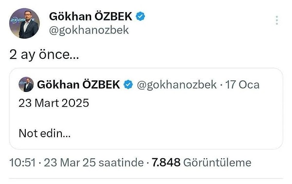 Özbek'in Ekrem İmamoğlu'nun tutuklandığı tarih olan 23 Mart'ı iki ay öncesinden işaret etmesi şüphe uyandırmıştı.