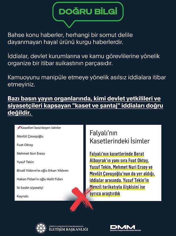 İletişim Başkanlığı’na bağlı Dezenformasyonla Mücadele Merkezi, gündemi meşgul eden kaset ve şantaj iddialarına ilişkin resmi sosyal medya hesabından açıklama yaptı.