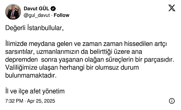 İstanbul Valisi Davut Gül: "Herhangi olumsuz durum bulunmamaktadır."