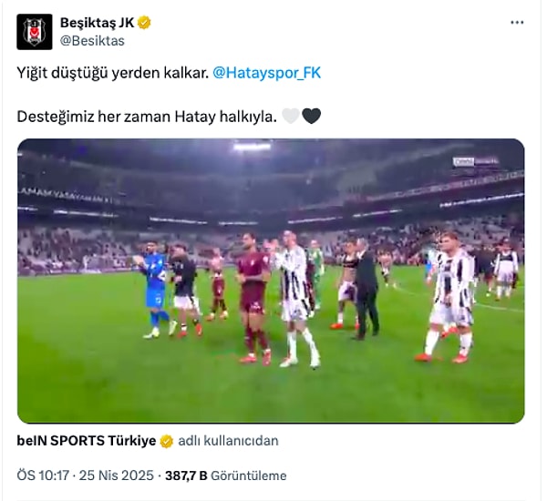 Beşiktaş, resmi hesaptan da Hatayspor ve Hatay'a destek mesajı paylaştı.
