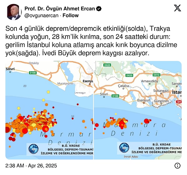 Sabaha kadar depremi izlediğini söyleyen Ahmet Ercan'dan yüreklere su serpen açıklama sabah saatlerinde geldi.
