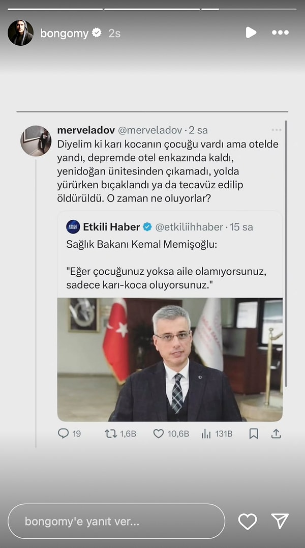 Bir tepki de Sağlık Bakanı'nın sözlerine karşılık paylaşılan bir tweeti hikayesine ekleyen Giray Altınok'tan geldi.