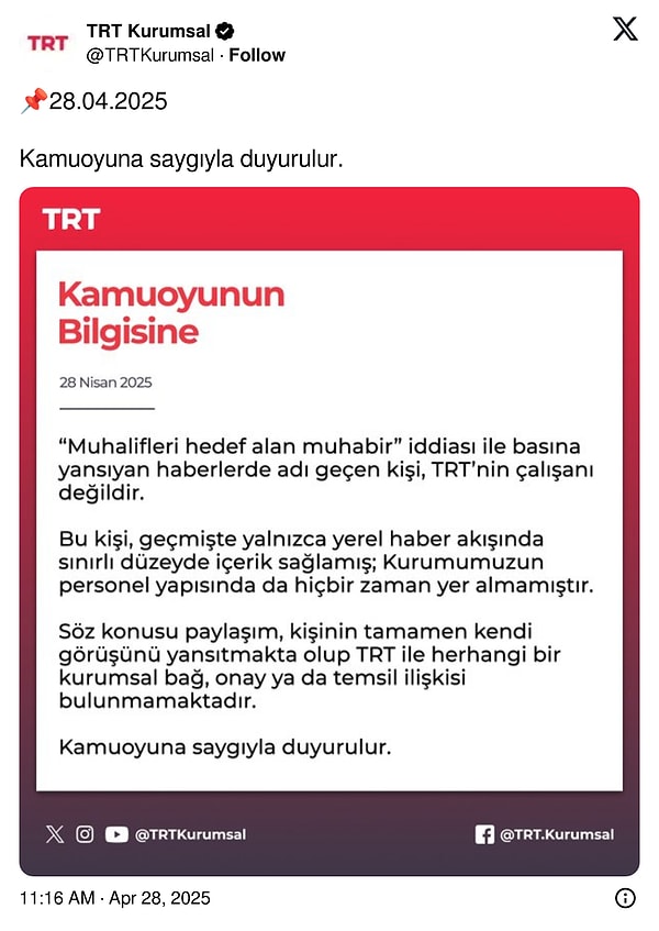 TRT'den açıklama: "TRT'nin çalışanı değildir"