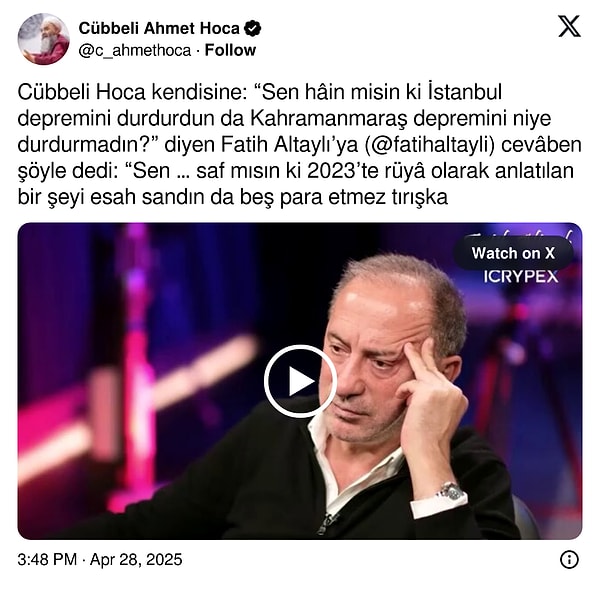 Cübbeli Ahmet'in sosyal medya hesabından yapılan açıklama 👇