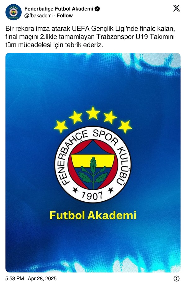 Fenerbahçe Futbol Akademi'nin tebriği 👇