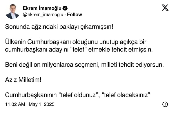 CHP’nin Cumhurbaşkanı adayı ve İBB Başkanı Ekrem İmamoğlu, Cumhurbaşkanı Erdoğan’a cevap verdi.