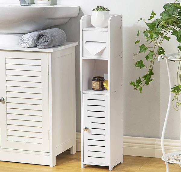 Raflı Serbest Duran Beyaz PVC Tuvalet Kağıdı Tutacağı