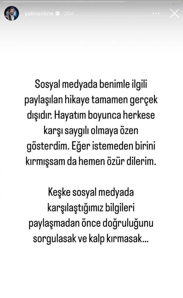 İddiaların alıp başını gitmesinin ardından Yalın'dan olaya dair ilk açıklama geldi.