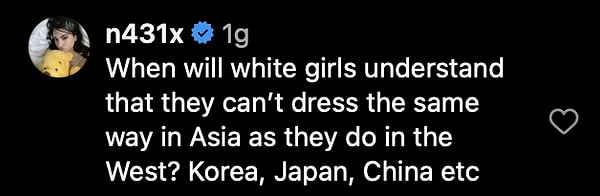 "Beyaz kızlar, Asya'da Batı'daki gibi giyininemeyeceğini ne zaman anlayacak? Kore, Japonya, Çin vs."