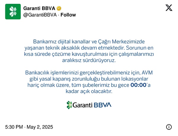 "Tüm şubelerimiz bu gece 00.00’a kadar açık olacaktır.”