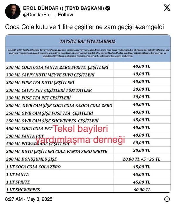 Yeni fiyat listesi şöyle oldu 👇