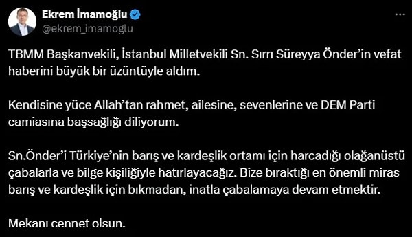 Ekrem İmamoğlu'nun X platformunda paylaştığı tweet şu şekilde: