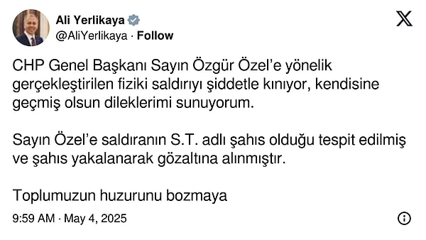 İçişleri Bakanı Ali Yerlikaya'dan açıklama