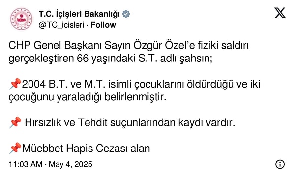 Bakanlığın Selçuk Tengioğlu paylaşımı;