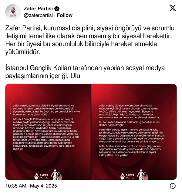 Zafer Partisi, olayın sorumlularıyla ilgili soruşturma açtıklarını da duyurdu.