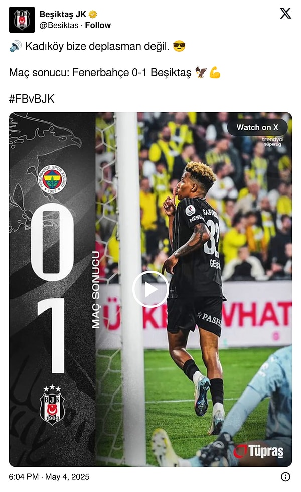 Beşiktaş ana hesaptan "🔊 Kadıköy bize deplasman değil. 😎" paylaşımı yaparak dikkat çekti.