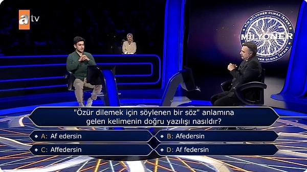 200 bin TL'lik soruda "Özür dilemek için söylenen bir söz" anlamındaki sözün doğru yazımı soruldu.