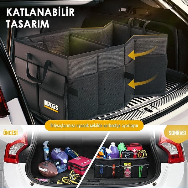 Haegs Araba Bagaj Çantası, 50 Lt Katlanabilir Oto Düzenleyici – Siyah