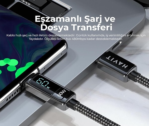 Havit CB6247 100W PD Type-C Göstergeli Şarj Kablosu