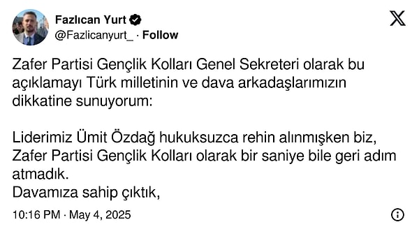 Zafer Partisi Gençlik Kolları Genel Sekreteri Fazlıcan Yurt 👇