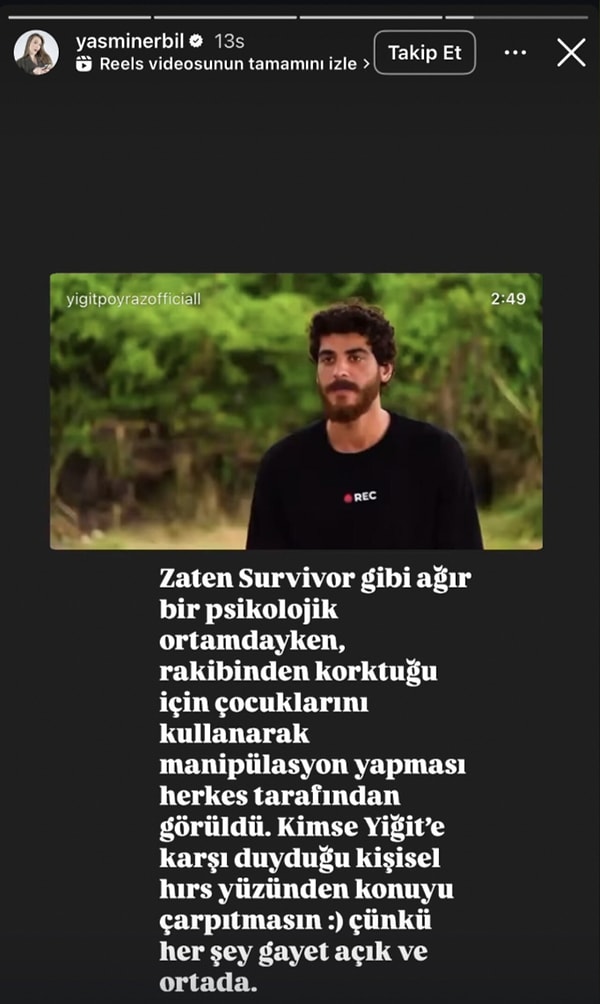 Yiğit Poyraz'ın sevgilisi Yasmin Erbil de bu yaşananların ardından göndermeli bir paylaşımda bulundu.
