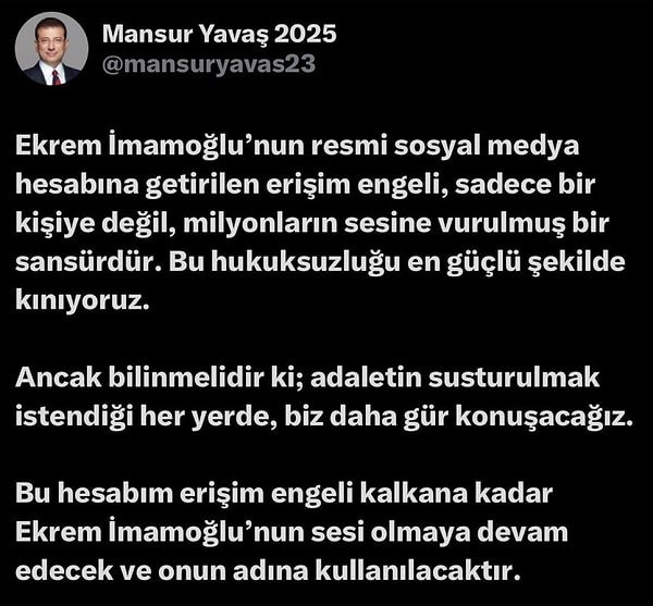Ankara Büyükşehir Belediye Başkanı Mansur Yavaş da kampanya hesabının Ekrem İmamoğlu adına kullanılacağını belirtti.