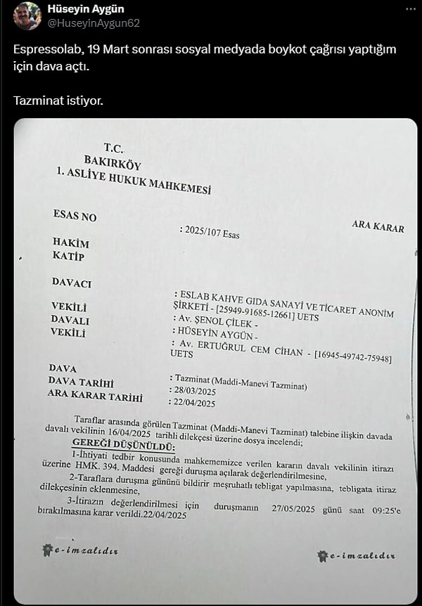 Geçtiğimiz günlerde Hüseyin Aygün de kendisine dava açıldığını duyurmuştu. Görseli