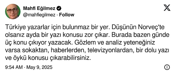 Ekonomiye, politikaya, gündeme dair X hesabından paylaşımlar yapan Mahfi Eğilmez, bu kez farklı bir paylaşım gerçekleştirdi. Görseli