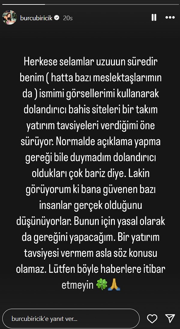 Burcu Biricik, kendi adını kullanarak yatırım tavsiyesi veren dolandırıcılardan muzdarip olduğunu ve yasal işlemleri başlattığın duyurudu.