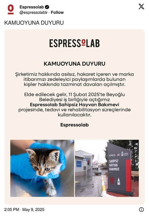 Espressolab, marka itibarını zedeleyici paylaşım yapanlara tazminat davası açtığını duyurdu.