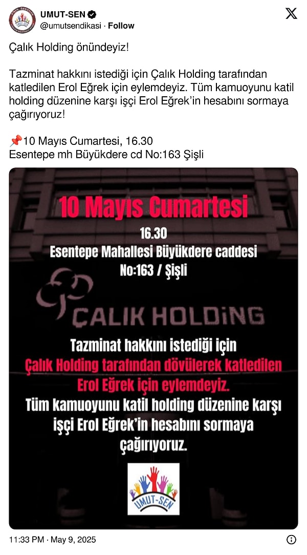 Erol Eğrek için Çalık Holding önünde eylem yapılacak.