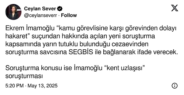 Habertürk'ten gazeteci Ceylan Sever, İmamoğlu'nun soruşturma açılan ifadesini paylaştı.