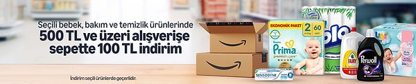 Amazon Fırsatları kapsamında başlayan Temizlik, Ev ve Bebek Bakım Ürünlerinde 500 TL'ye 100 TL İndirim kampanyası tüm hızıyla devam ediyor. Görseli