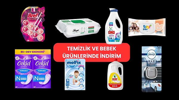 Omo'dan Molfix'e Domestos'dan Bref'e birçok temizlik ve bebek ürünü markasında indirim mevcut. Görseli