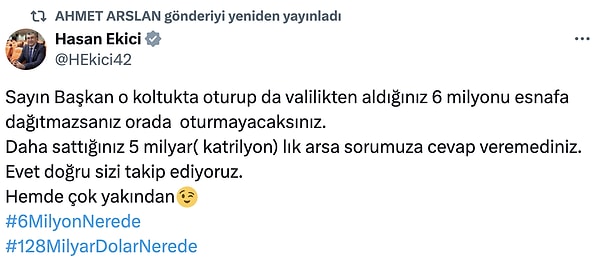 Ahmet Arslan ayrıca Hasan Ekici'nin Konya'nın AKP'li Büyükşehir Belediye Başkanı İbrahim Altay'ı eleştirdiği paylaşımı yeniden dolaşıma soktu.