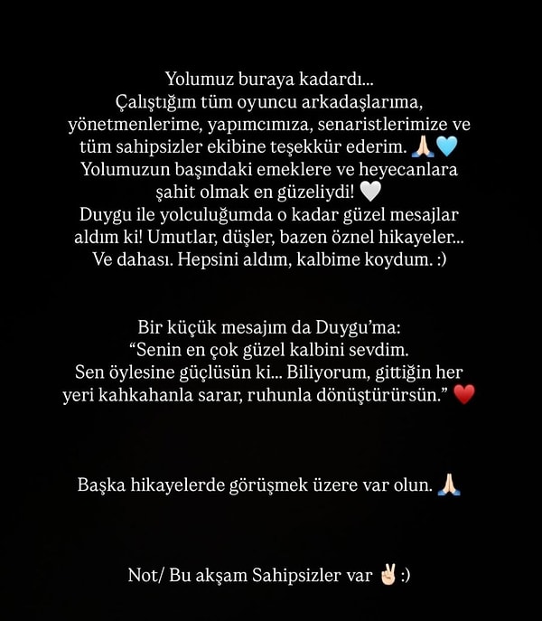 İşte Nilsu Yılmaz'ın Sahipsizler'e veda paylaşımı: