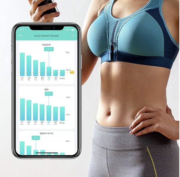 Eufy C1, sadece kilo ölçmekle kalmıyor; vücut kitle indeksi (BMI), vücut yağı oranı, kas kütlesi, su oranı, kemik kütlesi, bazal metabolizma hızı (BMR) gibi toplamda 12 farklı sağlık verisini detaylı şekilde analiz ediyor. Görseli