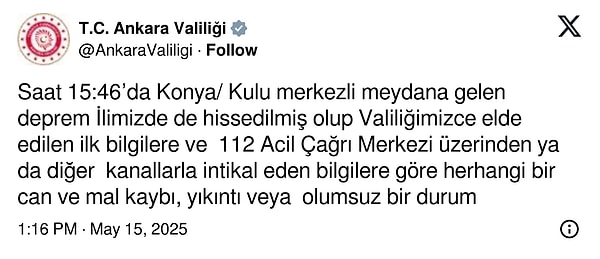 Ankara Valiliğinin paylaşımı 👇