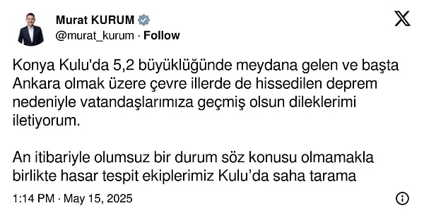 Çevre, Şehircilik ve İklim Değişikliği Bakanı Murat Kurum'un paylaşımı 👇