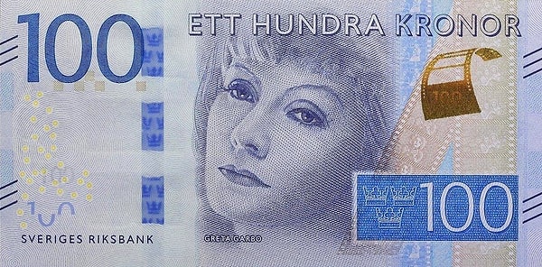 100 kronlukta Greta Garbo, yani efsanevi sinema oyuncusu.