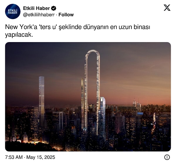 Bazı "haber" hesapları bu binanın yapılacağını duyurdu. Görseli