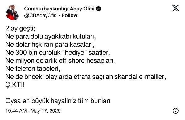 İki aydır tutuklu olmasına rağmen yöneltilen 'yolsuzluk' suçlamasına dair kanıt bulunmadığını kaydeden İmamoğlu'nun paylaşımı şöyle: Görseli