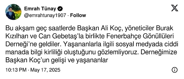 Fenerbahçe Gönüllüleri Derneği Başkanı Emrah Tünay'ın açıklamaları 👇