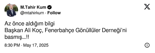 Gazeteci Tahir Kum'un sosyal medya hesabından paylaştığı iddia 👇
