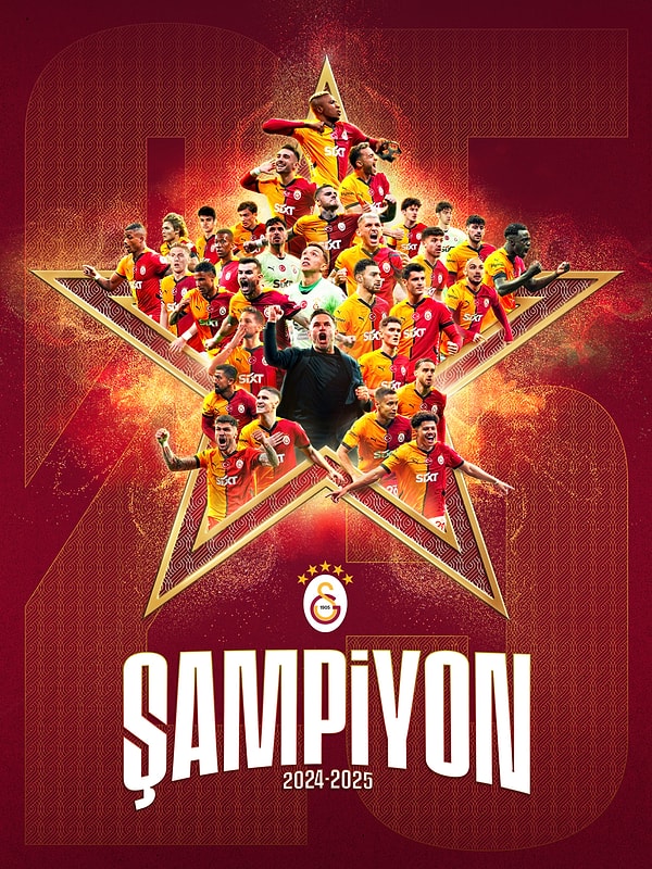 Şampiyon Galatasaray hem 25. Şampiyonluğunu elde etti, hem de Türkiye’nin 5 yıldızlı ilk takımı oldu. Görseli