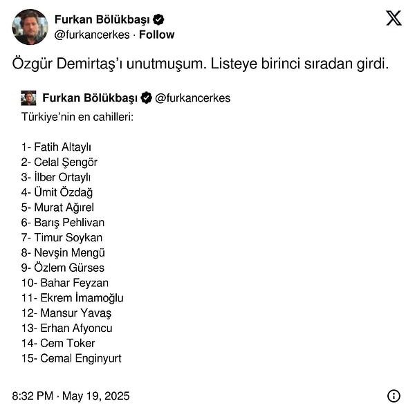 Furkan Bölükbaşı "Türkiye'nin cahilleri" diye bir liste yapıp ünlü isimleri sıralamış çokça tepki çekmişti.