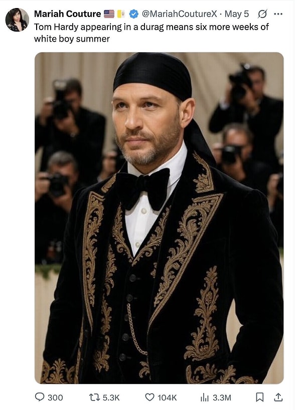 15. “Tom Hardy’nin bandana takması, 'white boy summer'ın 6 hafta daha süreceği anlamına geliyor"