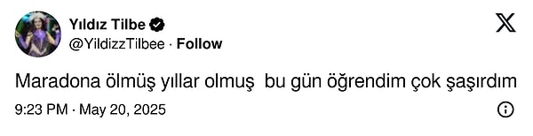 Geçtiğimiz gece Maradona hakkındaki tweetiyle adından bahsettiren Yıldız Tilbe görenlere kahkaha attırdı.