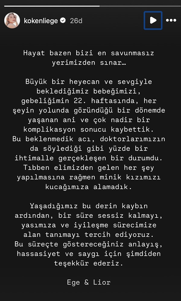 Ege Kökenli yaptığı paylaşımla bebeğini kaybettiğini açıkladı.